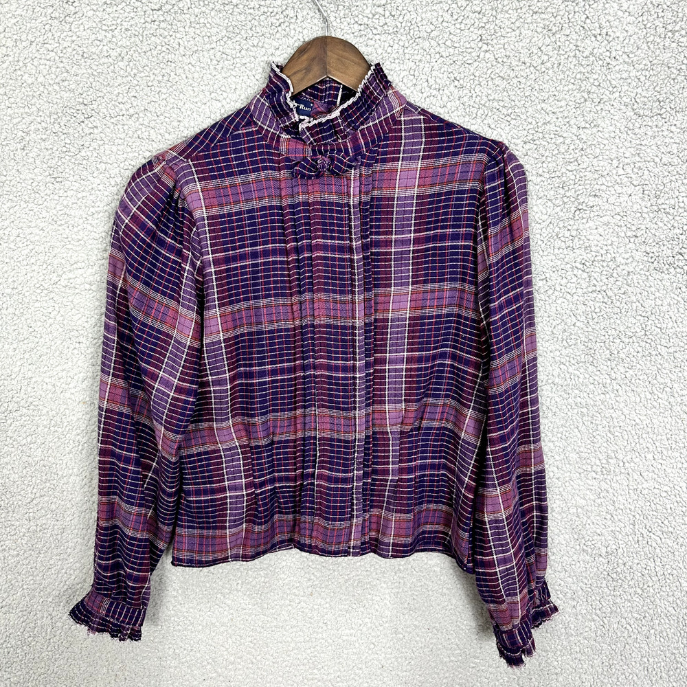 Hunter Run Vintage Top Juniors‎ 13 Purple Plaid Button High Neck Equestrian